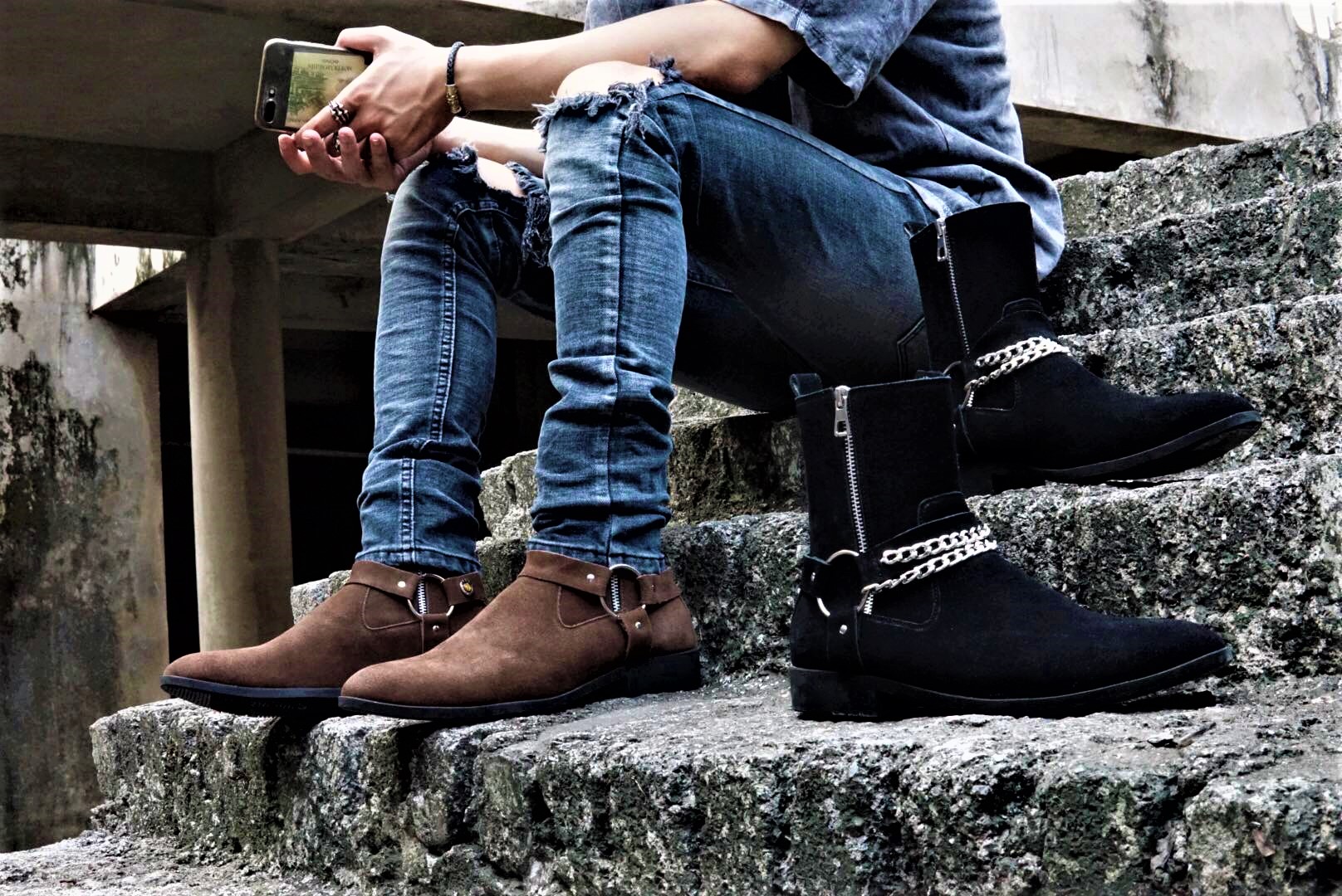 Giày Da Harness Boots Da bò Lộn Đế Cao Su Cao Cấp