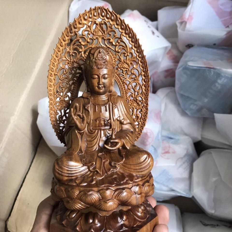 Tượng Phật Bà Quan Âm Bồ Tát từ bi ngôi trên đài sen chất liệu gỗ Bách Xanh 16cm