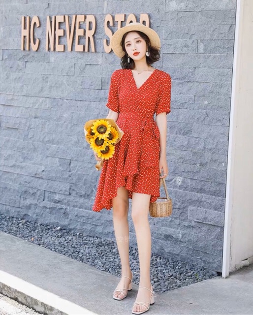 Đầm bi đỏ lệch tà trẻ trung ms117