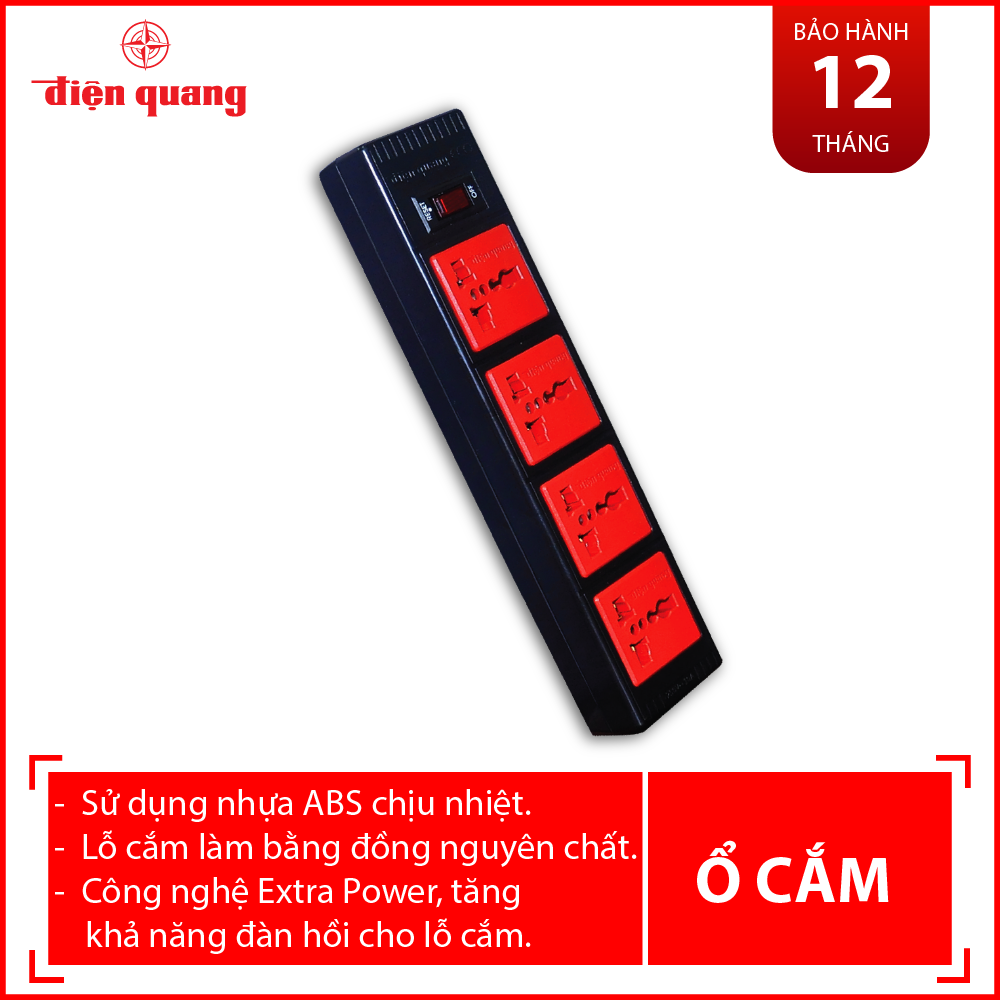 Ổ cắm Điện Quang ECO ĐQ ESK 5BR 43ECO (4 Lỗ 3 chấu, dây dài 5m, màu đen đỏ)