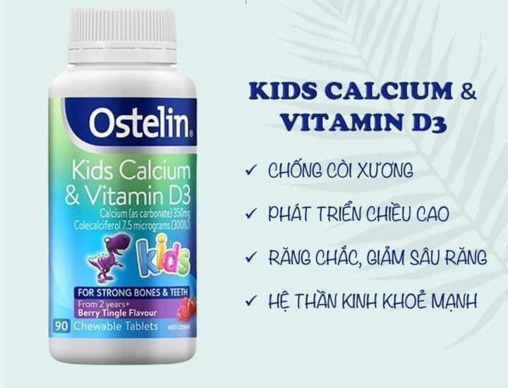 Kẹo nhai bổ sung canxi va d3 Ostelin Kids Calcium & Vitamin D3 90 Tables phát triển chiều cao vị dâu