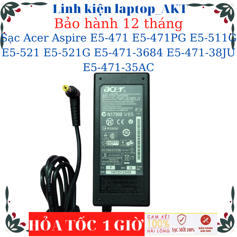 Laptop Charger for Acer Aspire 4736Z E5-471 E5-471Pg E5-511G E5-521 E5-521G E5-471-3684 E5-471-38Ju E5-471-35Ac- 19V-3.42A Charger with Gold Pin