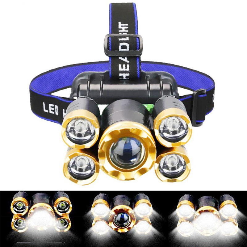 Đèn pin đội đầu 5 bóng siêu sáng tích hợp pin liền siêu tiện lợi