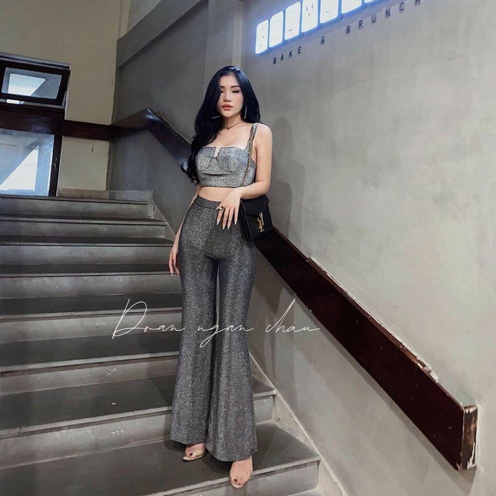 Sét áo croptop nhũ 2 dây quần suông