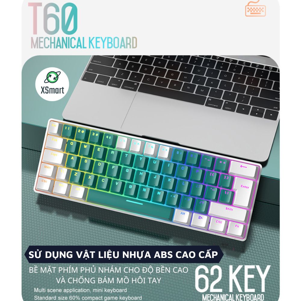 Bàn Phím Cơ RGB Led 18 Chế Độ Có Dây T60 Trục Cơ Red Switch Gõ Êm Giảm Ồn Layout 62 Phím Nhỏ Gọn Có HOTSWAP Cao Cấp Dùng Cho Máy Tính/ Laptop/ PC