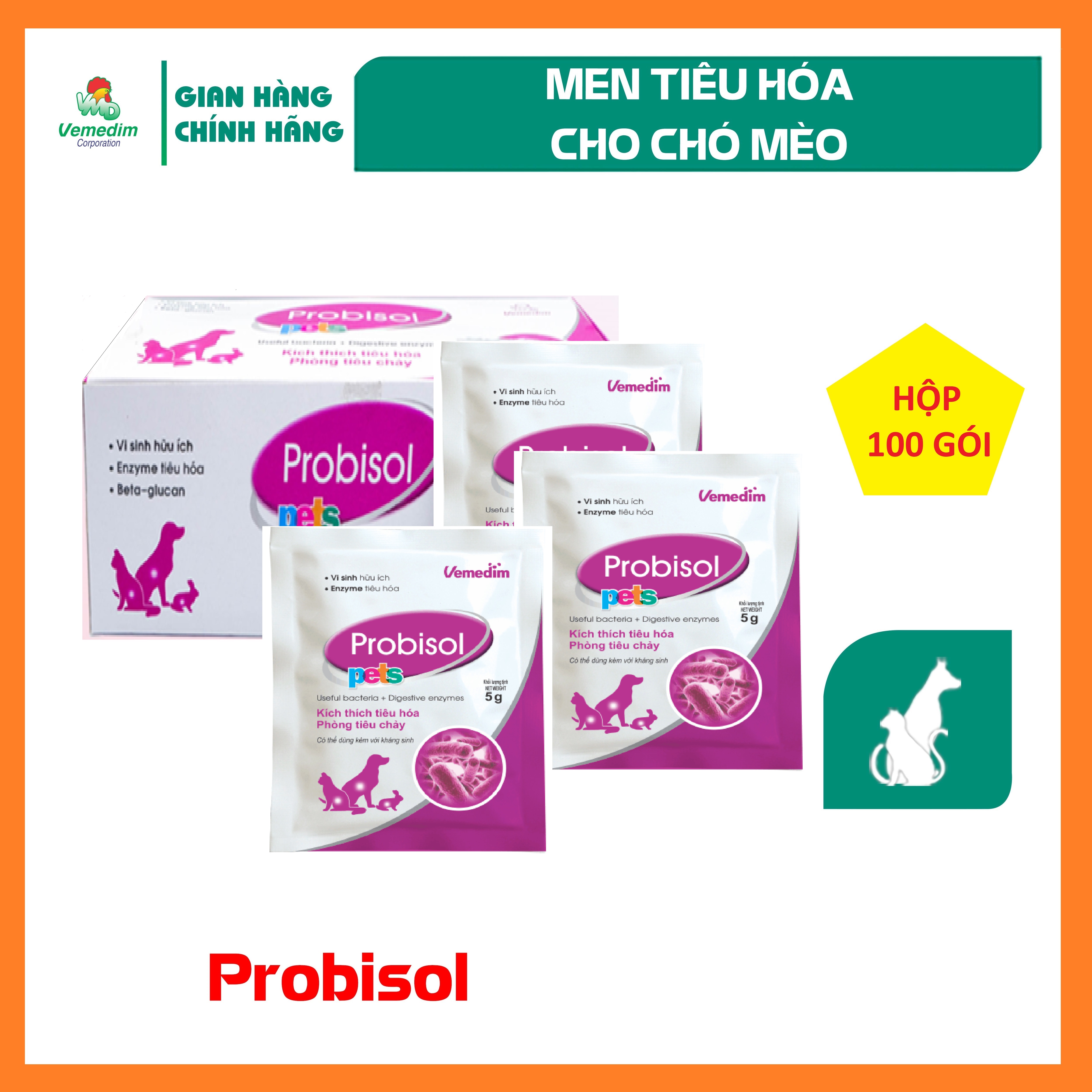 "Hoàn tiền đến 10%" Vemedim Probisol for pets, cân bằng hệ vi sinh đường ruột, hỗ trợ tiêu hóa dùng cho chó, mèo, hamster