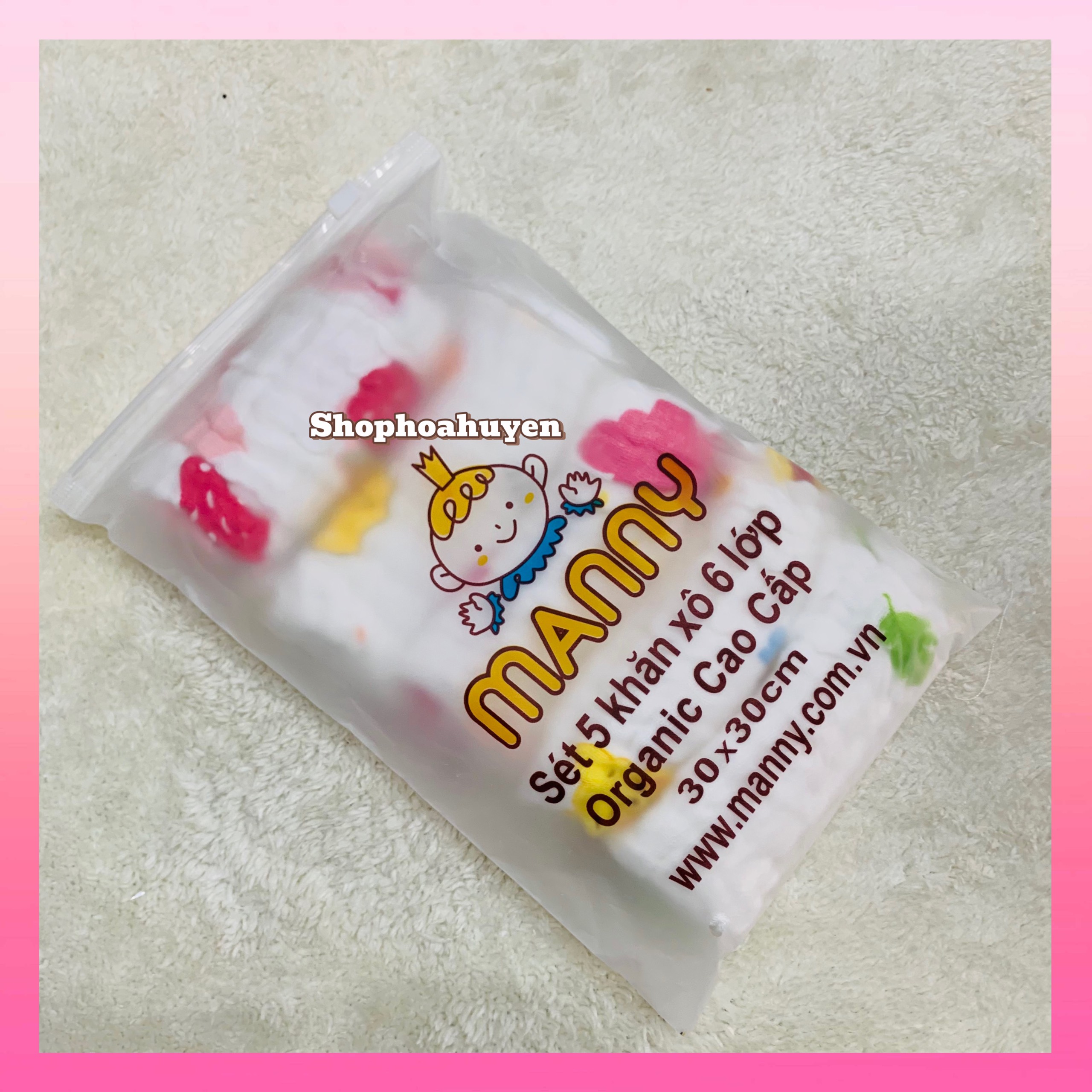 Sét 5 Khăn sữa Xô Muslin Organic Cao Cấp Manny 6 Lớp Cho bé nhiều họa tiết cute 30x30cm