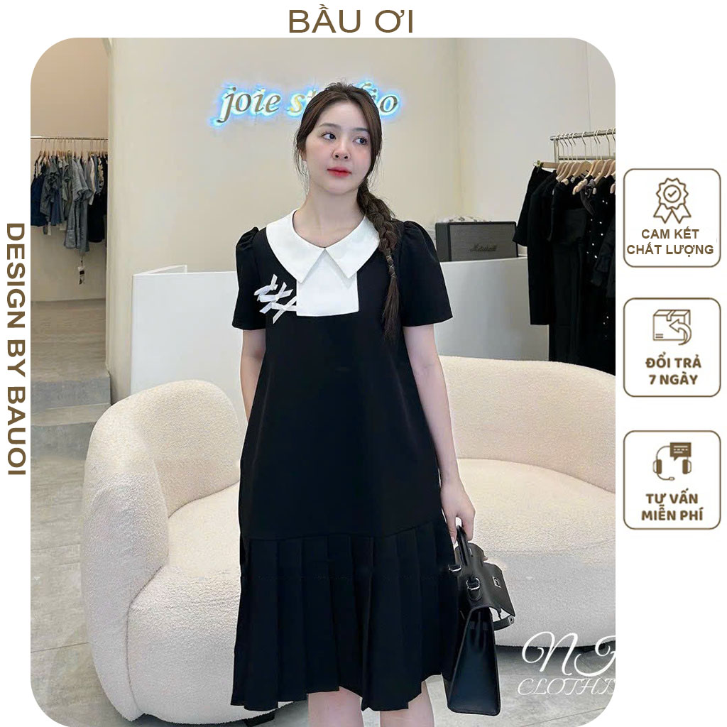 Đầm váy bầu công sở mùa hè đẹp cổ sơ mi dáng suông xếp ly - đầm bầu xinh thời trang thiết kế freesize