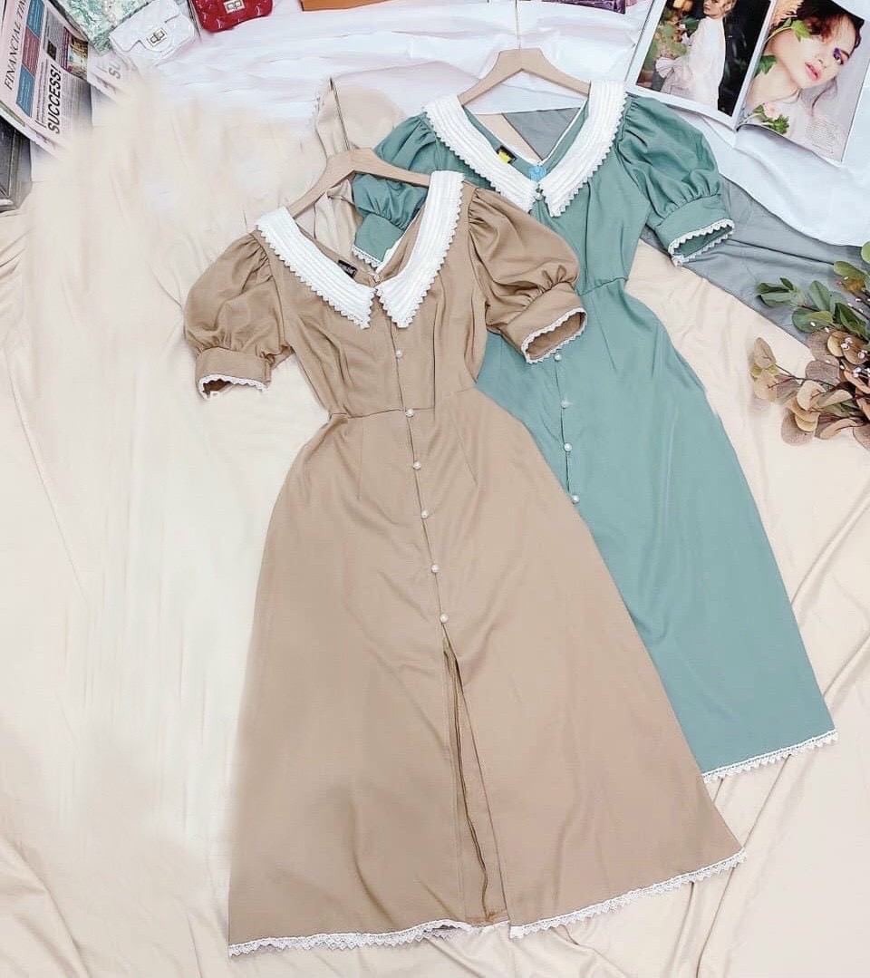 Đầm nút ngọc cổ trắng 2 màu