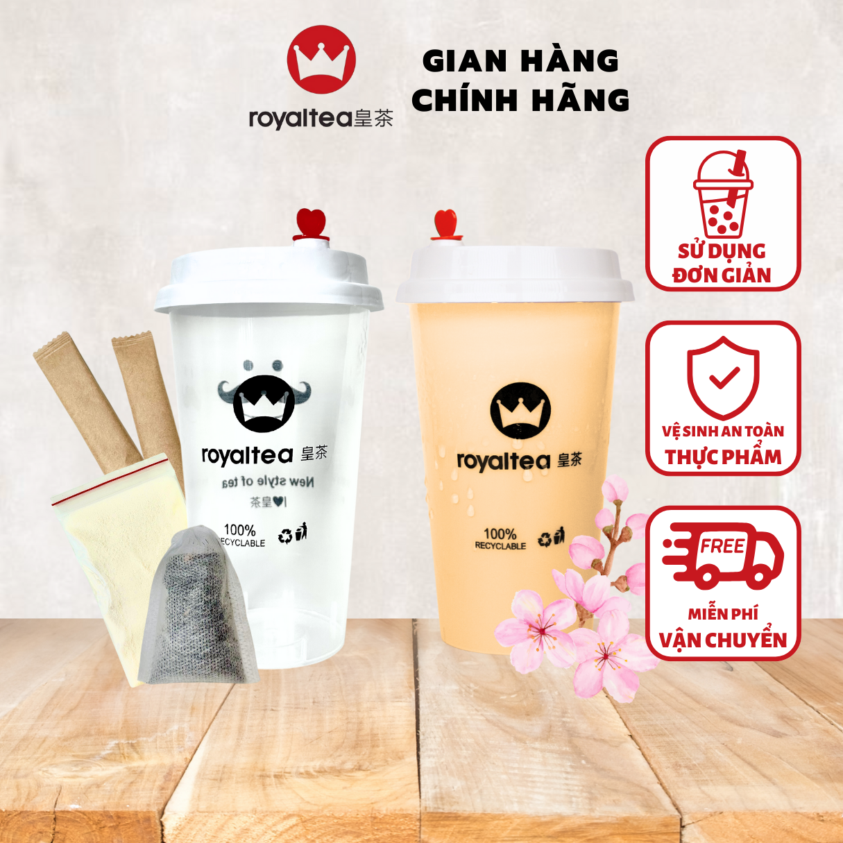 Trà sữa Royaltea Vị Sakura(Hoa Anh Đào). Sản phẩm KHÔNG CÓ LY NHỰA đảm bảo thân thiện với môi trường. Trà Sữa Royaltea Tự Pha Chính Hãng
