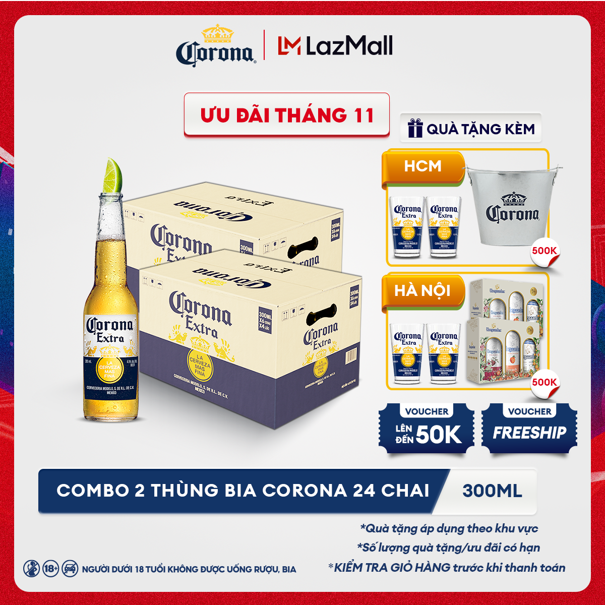 [25.11 - 29.11 VC ĐẾN 400K+FS] Combo 2 Thùng 24 Chai Bia Corona (300ml/chai)