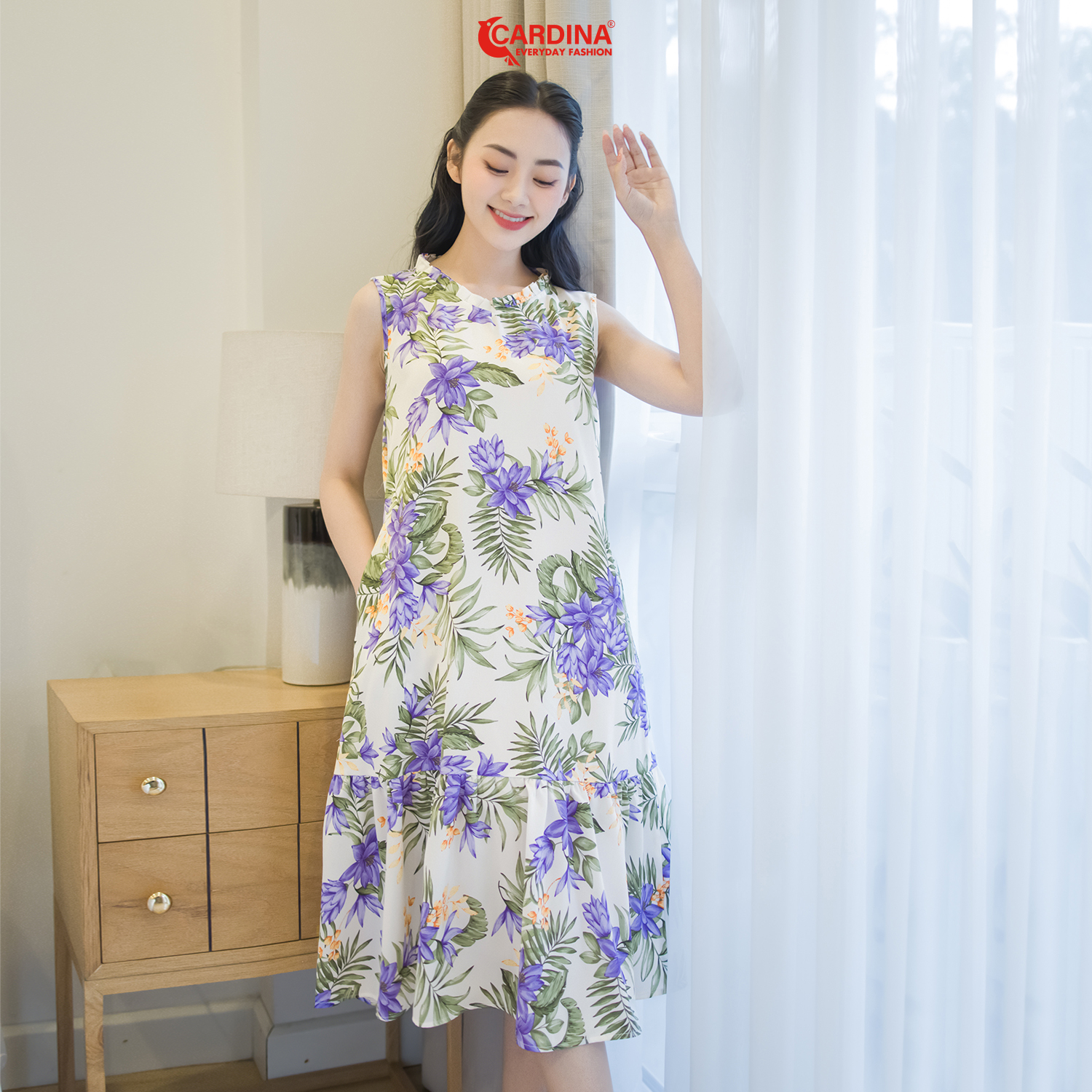 Đầm nữ cardina sát nách chất lụa mango cao cấp kiểu dáng suông cổ bèo họa tiết trẻ trung 3vm02