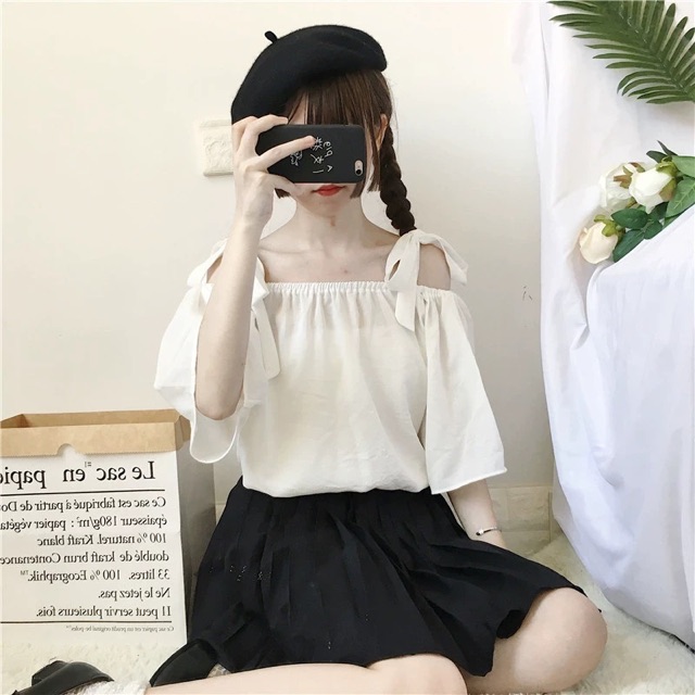 Áo trễ vai cột nơ xinh đẹp m11 / áo kiểu nữ thắt nơ vai cute có video hình thật