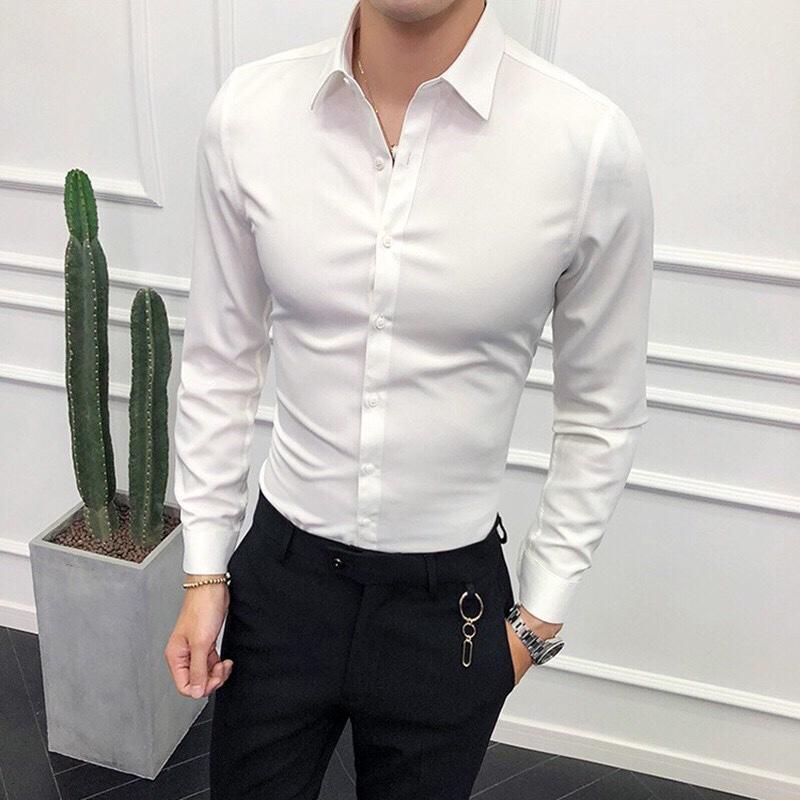 Áo sơ mi nam Trắng Cúc Trắng chống nhăn đẹp, sơ mi nam vải lụa thái loại tốt