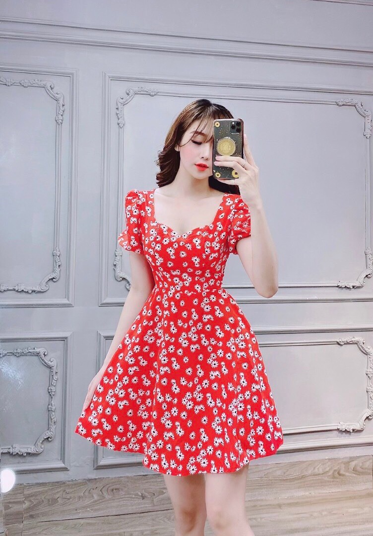 Váy Đầm Nữ Hoa Cúc Tay Phồng ( Chất Liệu Lụa ) Thời Trang Nữ KEMPK