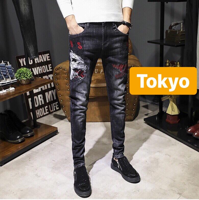 QUẦN JEAN NAM CHẤT BÒ ĐEN THÊU SÓI TRẮNG NÚI FUSI NỔI TIẾNG CJ-446 - TOKYO FASHION