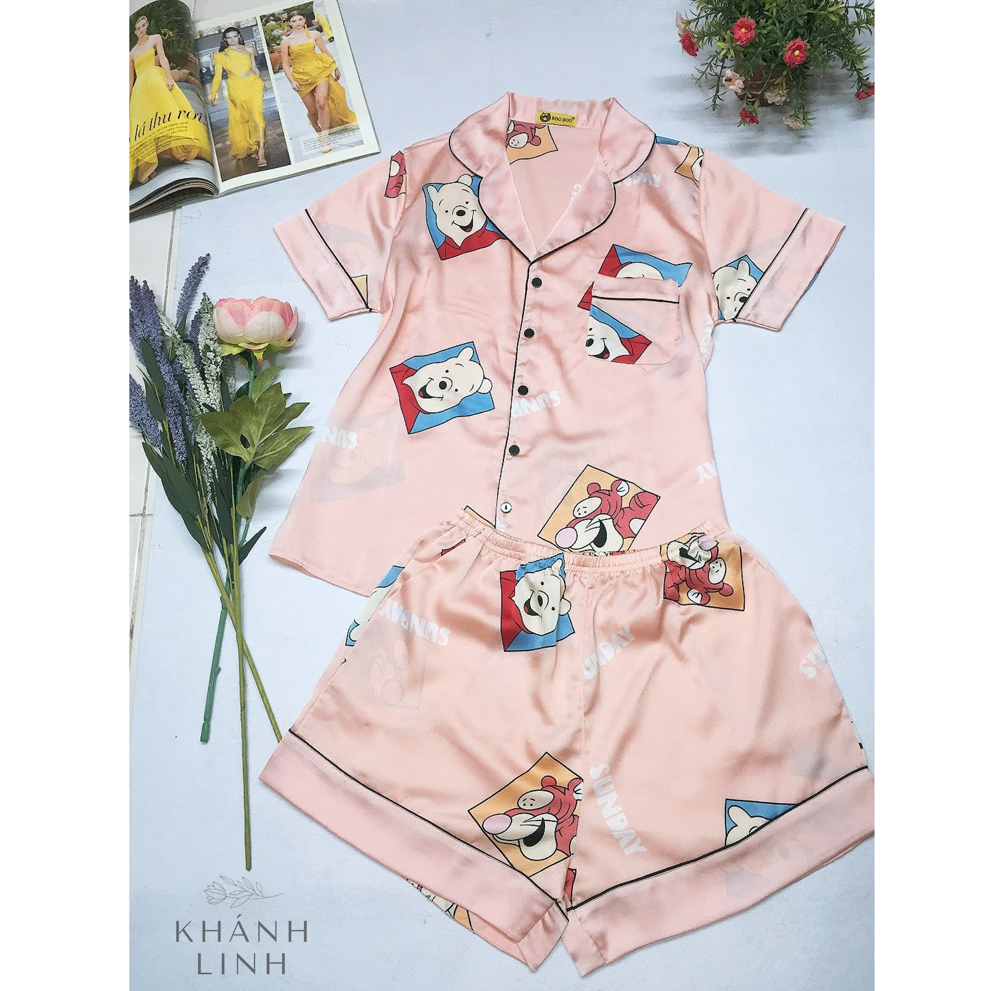 Bô đồ pizama nữ đùi lụa hình dễ thương