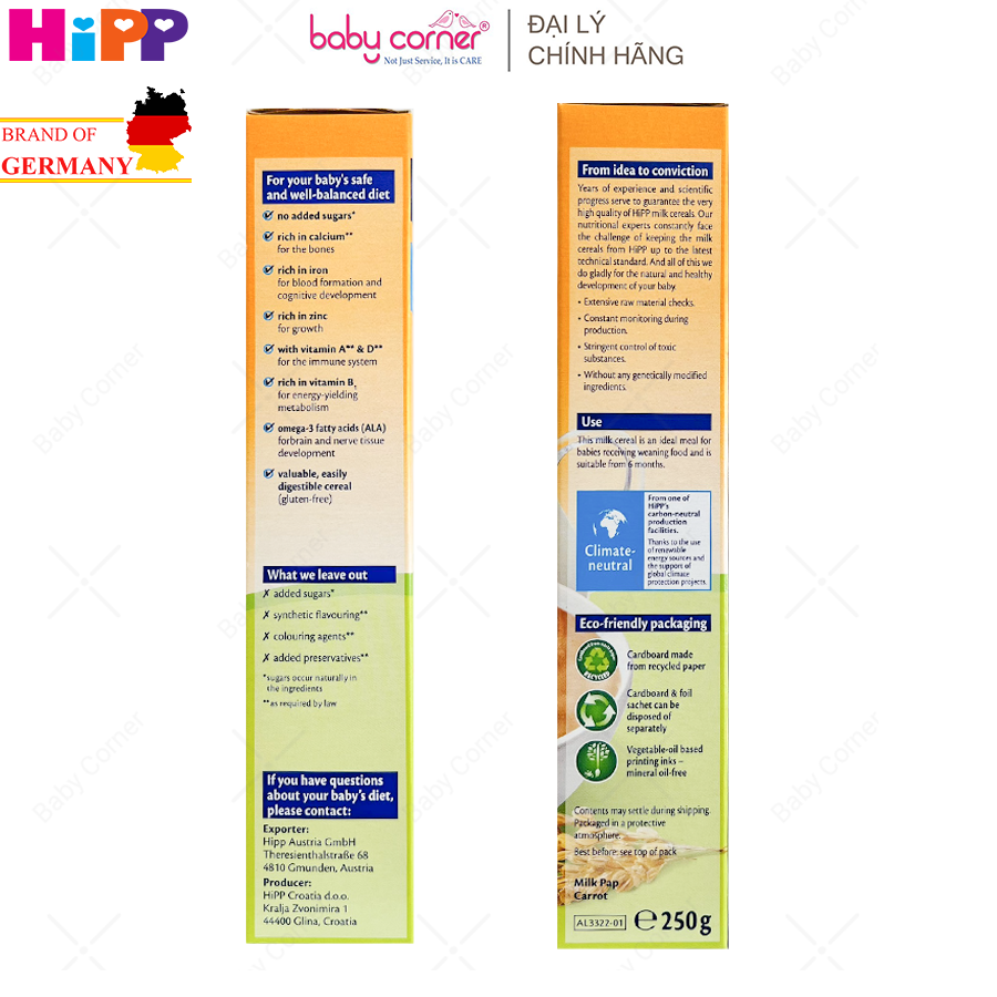 [HCM] [HSD: 31/08/2024] Bột Ăn Dặm HIPP vị Rau Củ Cà rốt (cho bé 6-36 tháng) - hộp 250g