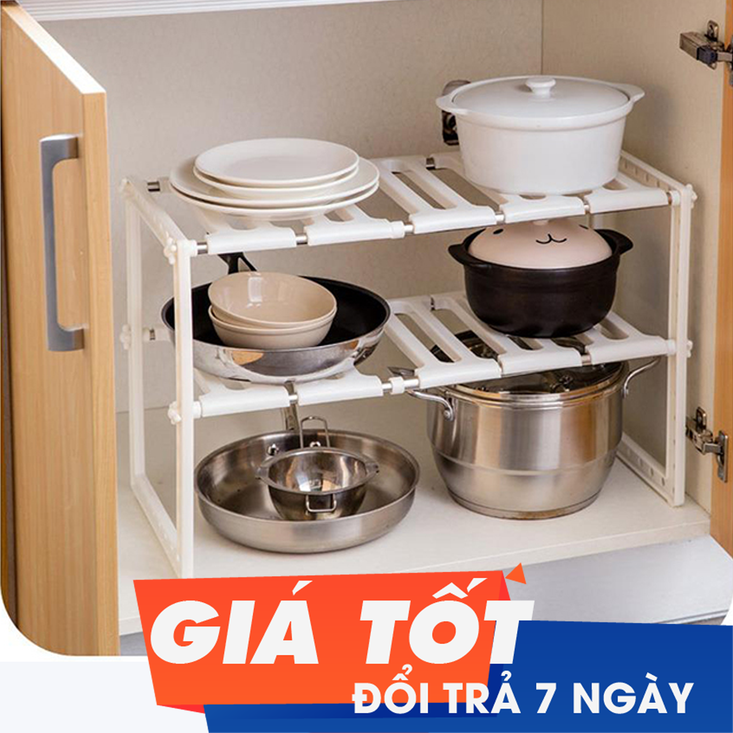 Kệ gầm bếp, kệ để gầm bếp thông minh, Kệ xếp để đồ nhà bếp 2 tầng đa năng tiện dụng, Kệ để nồi chảo đa năng