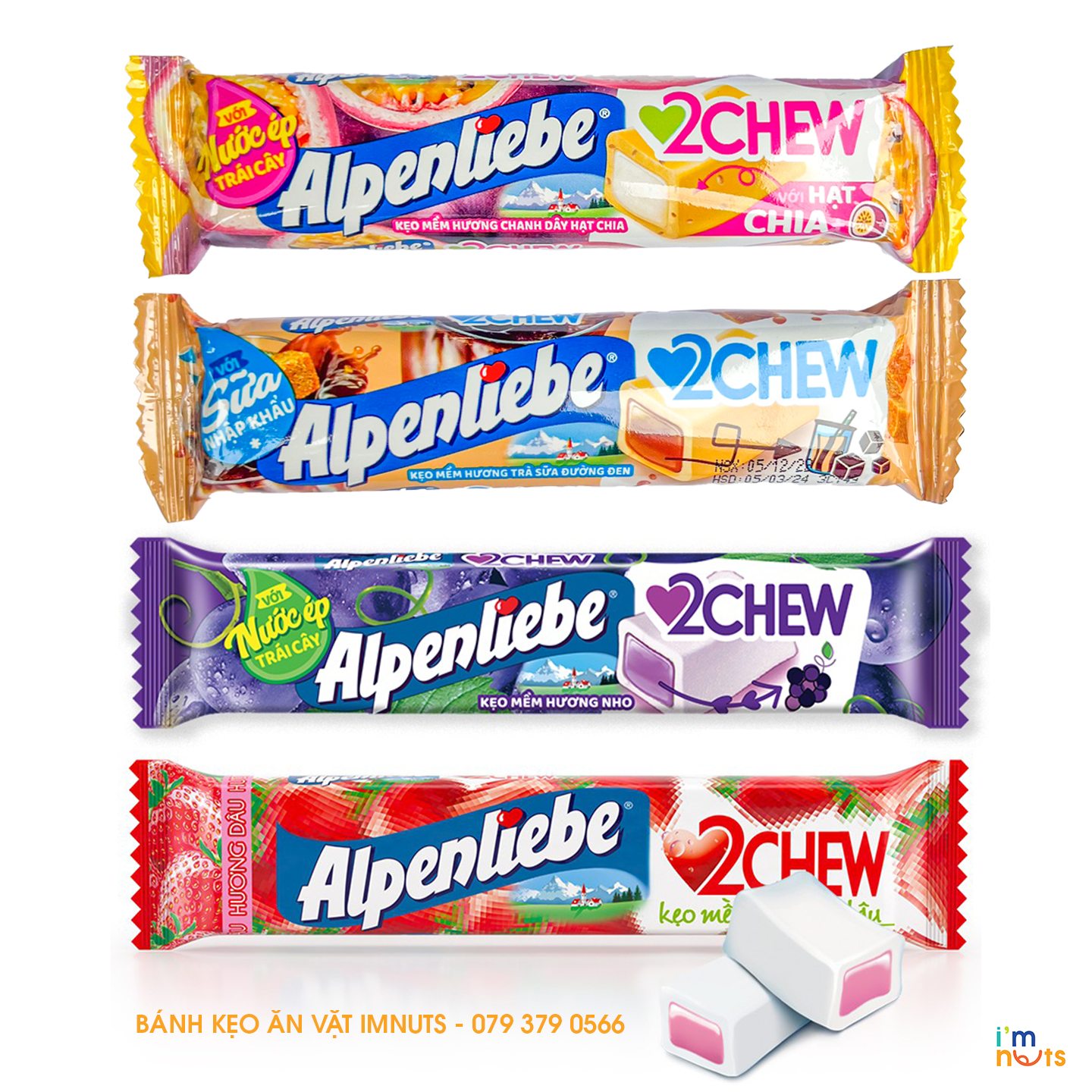 Kẹo mềm Alpenliebe 2Chew đủ vị dạng thỏi - Hương Dâu, Nho, Chanh dây hạt chia, Trà sữa đường đen