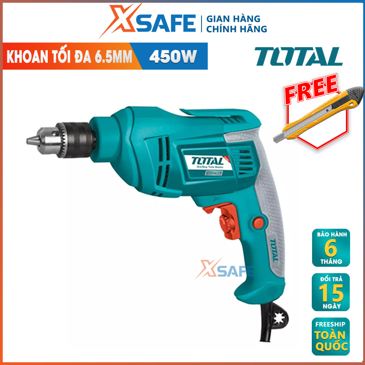 Electric drill 450W total TD4506E. Electric drill hand idle speed from 0 đến 3200 within minutes, drilling capacity upto 6.5mm, genuine warranty 6 months
