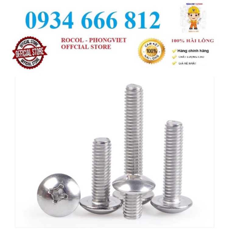 50c vít pake đầu dù thân bulong inox 304 m4, m4x8, m4x10, m4x12,m4x16, m4x20,m4x25