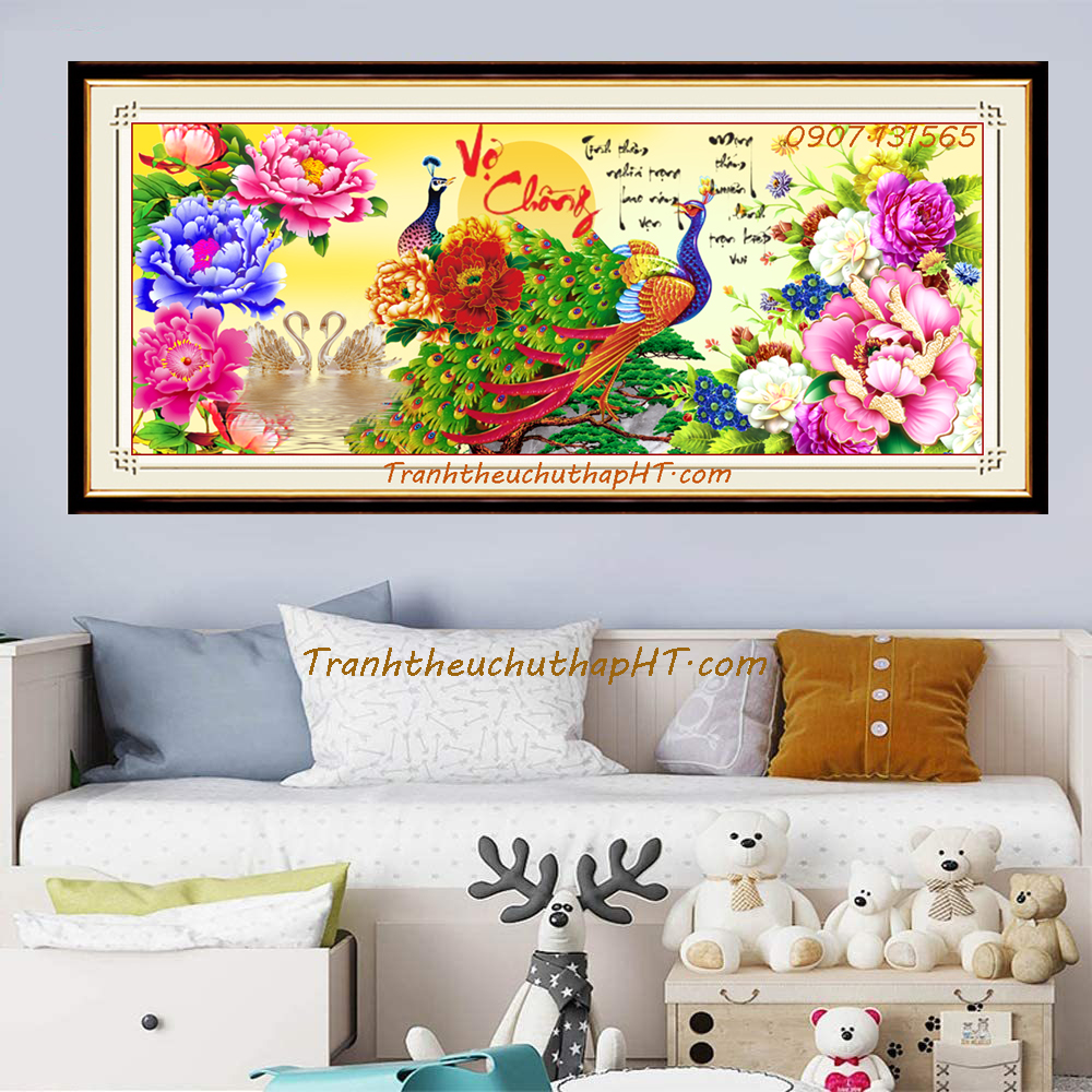 Tranh đính đá vợ chồng chim công VS446 120*53cm (tự làm)