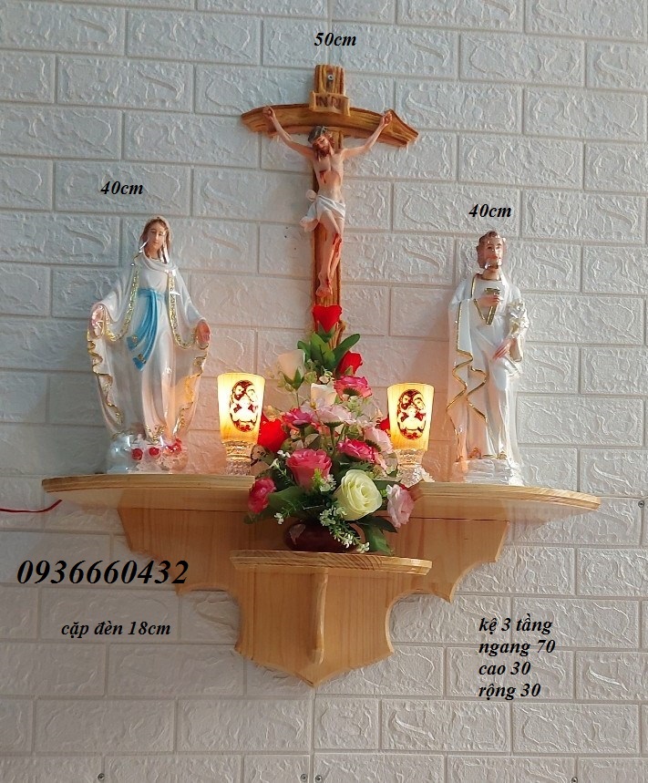 Bộ bàn thờ Thiên Chúa tượng 40cm kệ gỗ 3 tầng trang trí bàn thờ công giáo