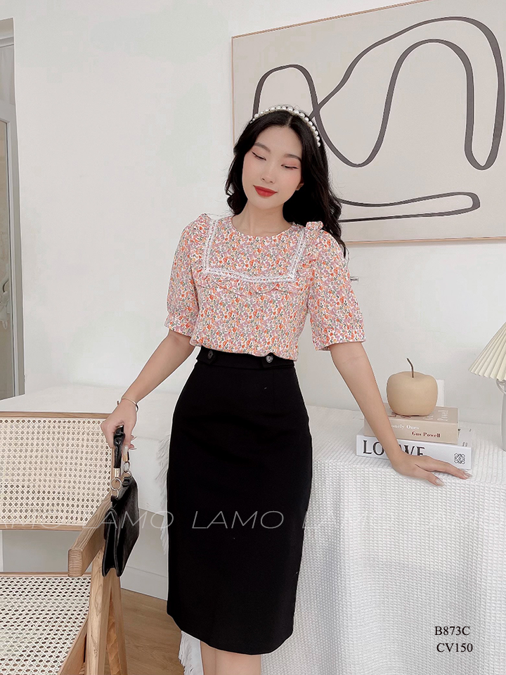 ÁO SƠ  MI HOA CỔ TRÒN VIỀN REN -B873