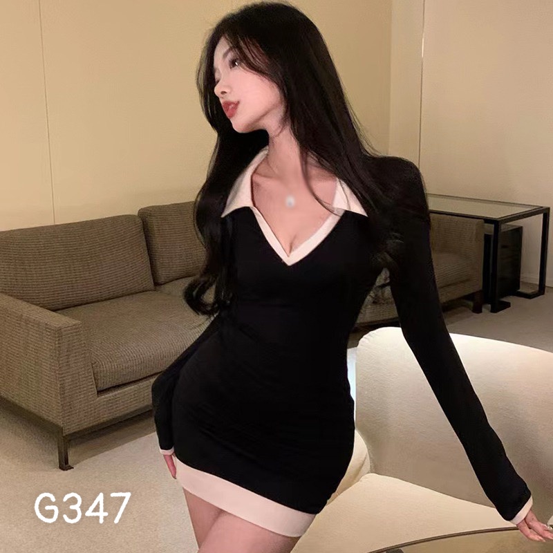 Đầm thun ôm body tay dài cổ chữ V quyến rũ G347