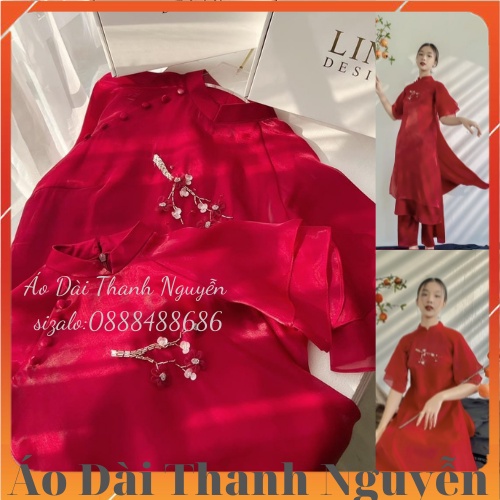 Áo Dài Tết Voon Tơ 4 tà May Sẵn ( linn xanh + Đỏ )