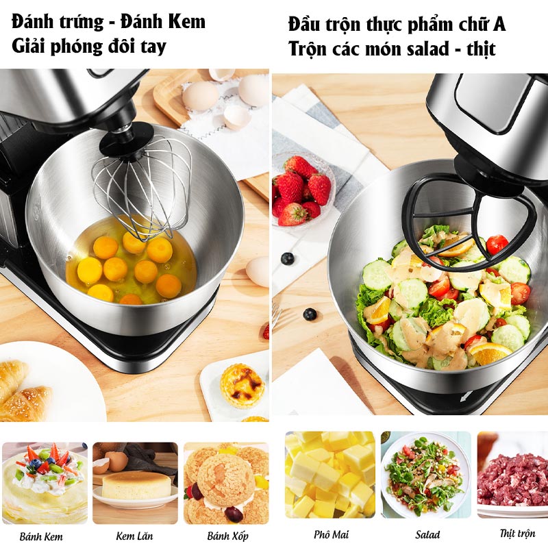 Máy trộn bột làm bánh đánh trứng đánh kem xay thịt xay trái cây cán sợi mì,sợi phở.... làm bếp toàn năng 9 trong 1, hàng chính hãng