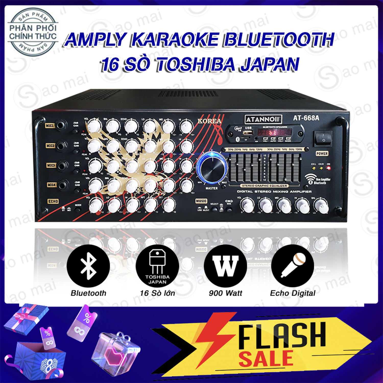 Amply Karaoke 16 Sò Lớn Ampli Bluetooth usb công suất lớn Amply Sân Khấu Hội Thảo Gia Đình ATANNOII AT-668A sử dụng 4 tụ nguồn lớn 16 sò toshiba japan( Song Lâm Shop )
