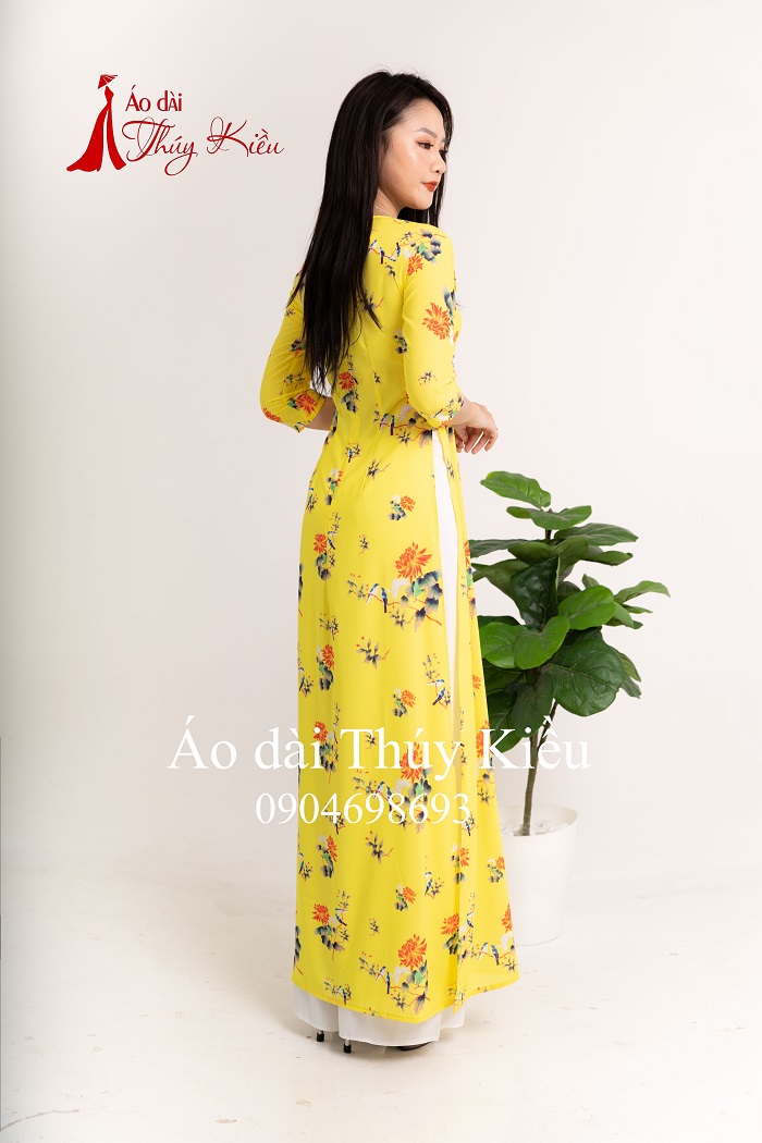Áo dài nữ truyền thống thiết kế may sẵn tết cách tân nữ nền vàng hoa cúc K17 Thúy Kiều mềm mại co giãn áo dài giá rẻ