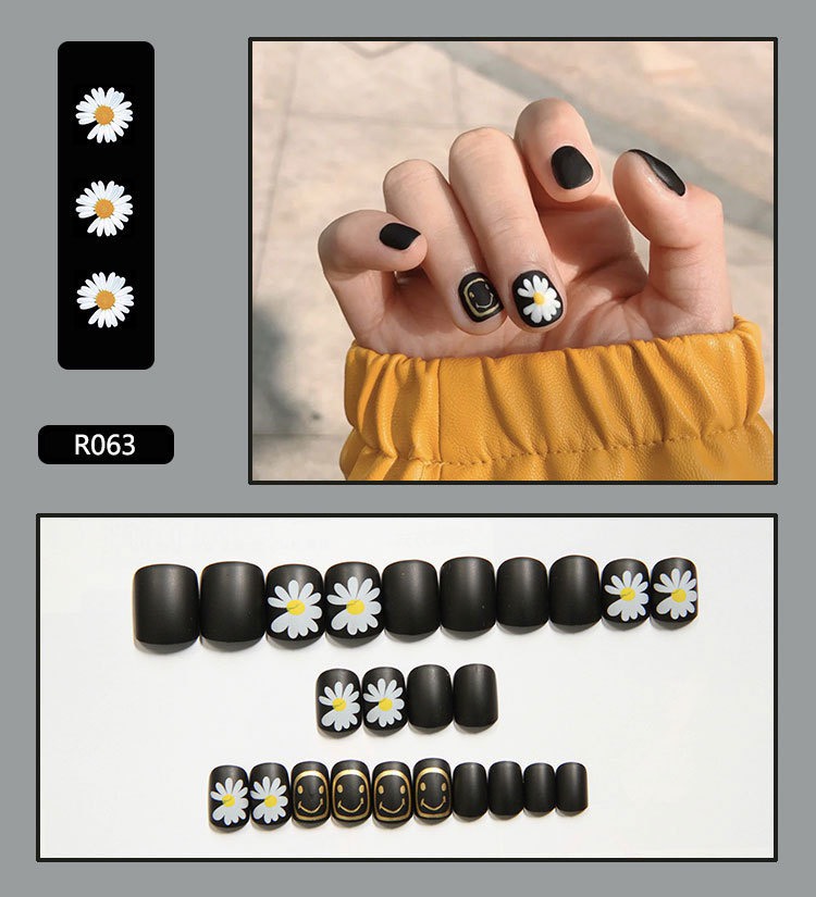 Bộ móng giả đen nhám & cúc daisy nailbox 24 móng tay úp móng ngắn r063