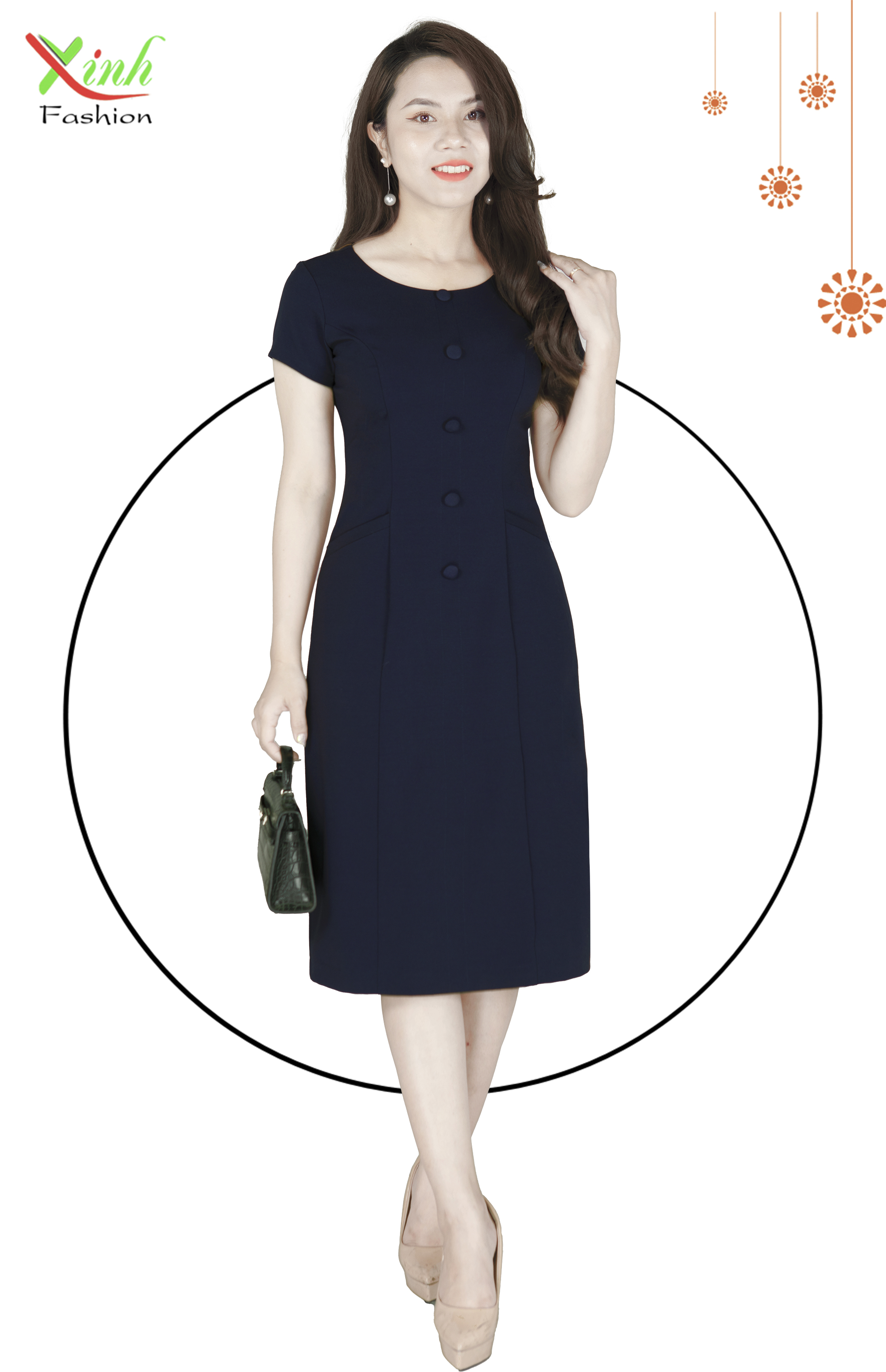 Đầm Suông Phối Cúc Xanh Đen DL776