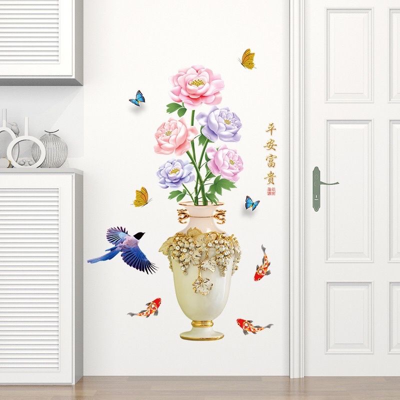 Decal dán tường bình hoa hồng 3D