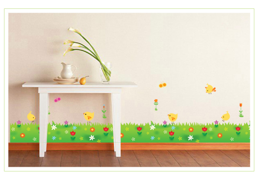 [HCM]Decal trang trí chân tường - Cỏ hoa lá hoạt hình chim nhí-K57