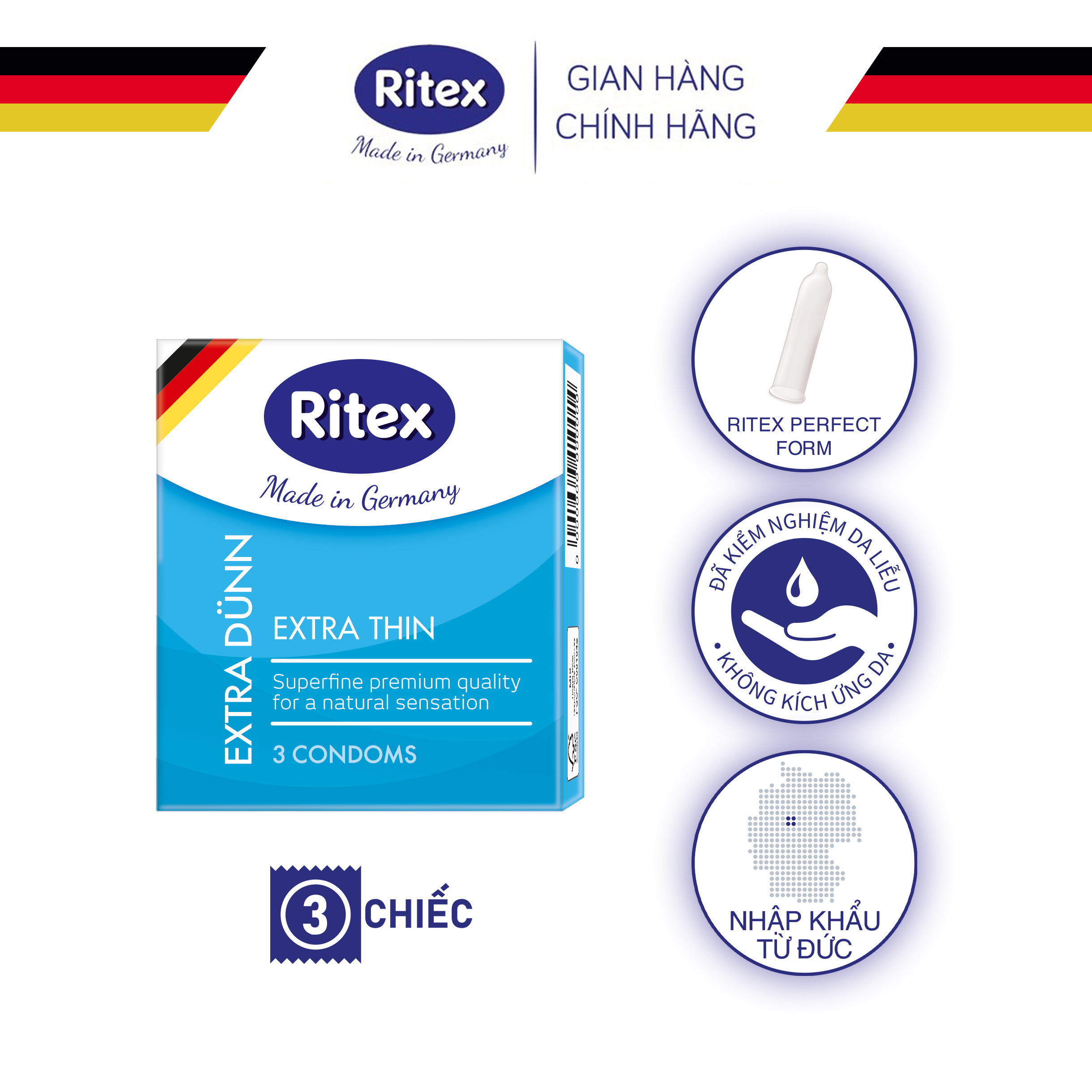 Bao cao su Ritex Extra Dunn - Siêu Mỏng Cao Cấp 0.01mm,size 52mm (Hộp 3 chiếc)