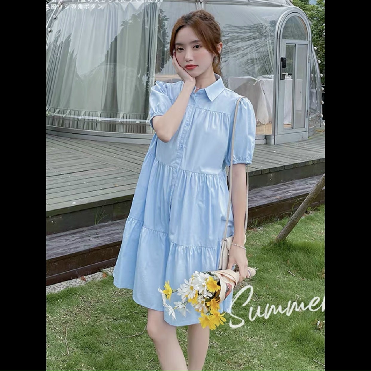 Đầm babydoll xanh biển cổ sơ mi
