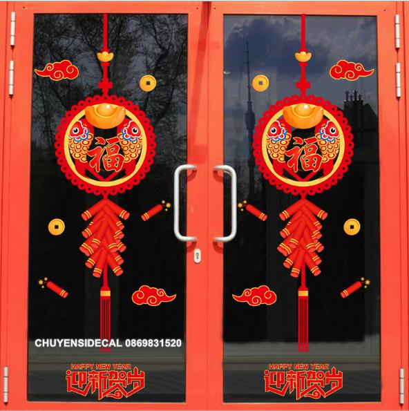 Decal trang trí Tết - Cặp Dây răng cưa Cá Chép Đỏ pháo