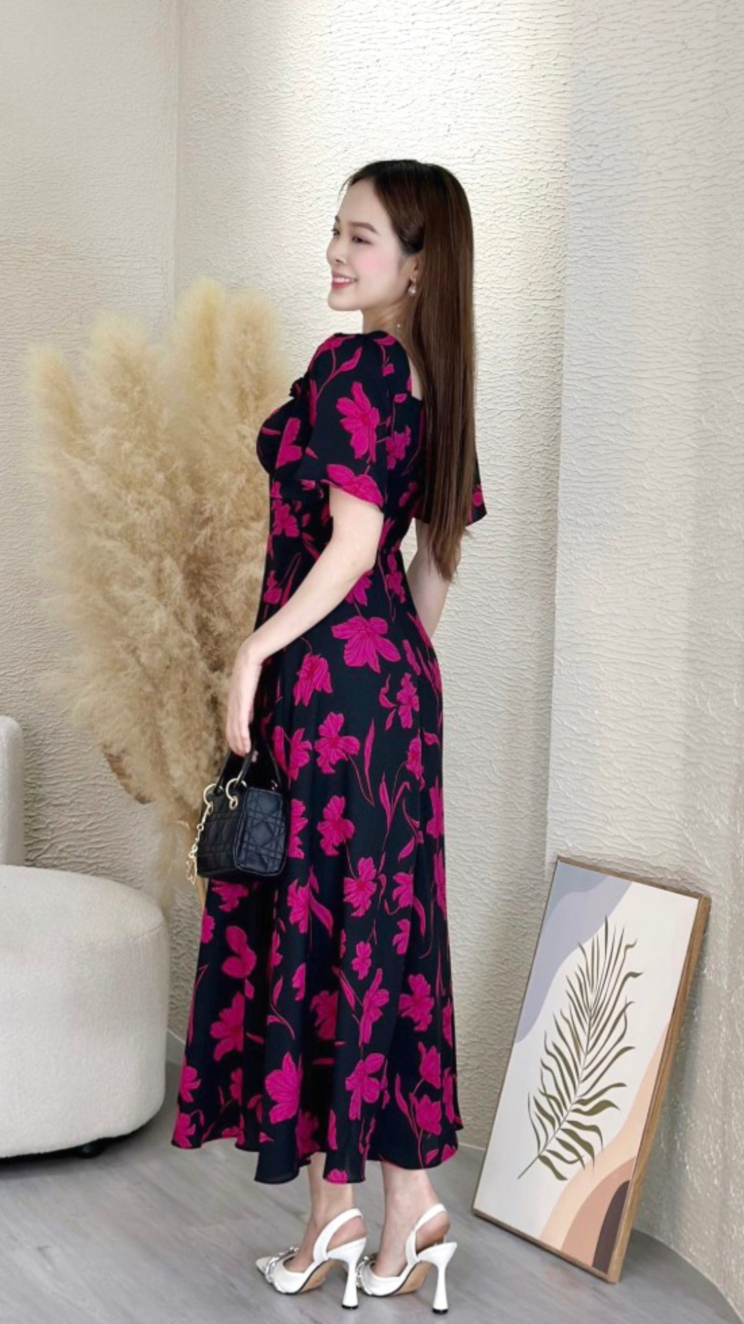 Đầm xòe hoa form dài cổ phối bèo tay loe Misa - MS0265