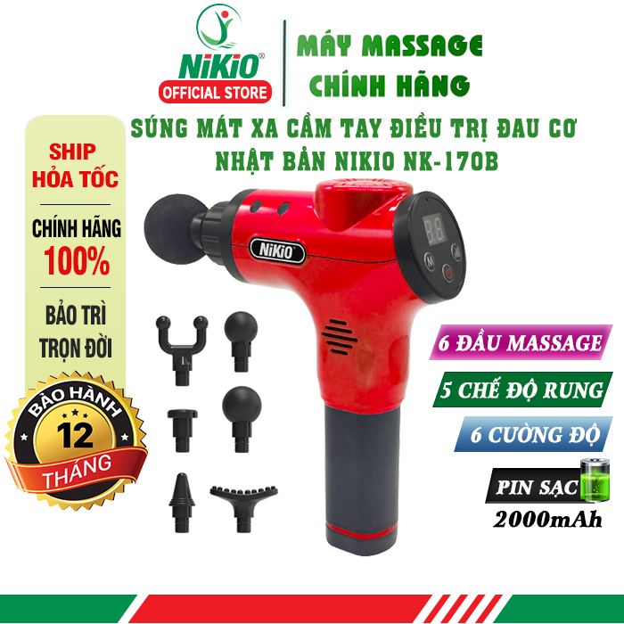 Súng massage cầm tay, máy mát xa giãn cơ Nikio NK-170B - 6 đầu massage chuyên sâu, 5 chế độ, 6 cường độ tùy chỉnh, Pin sạc