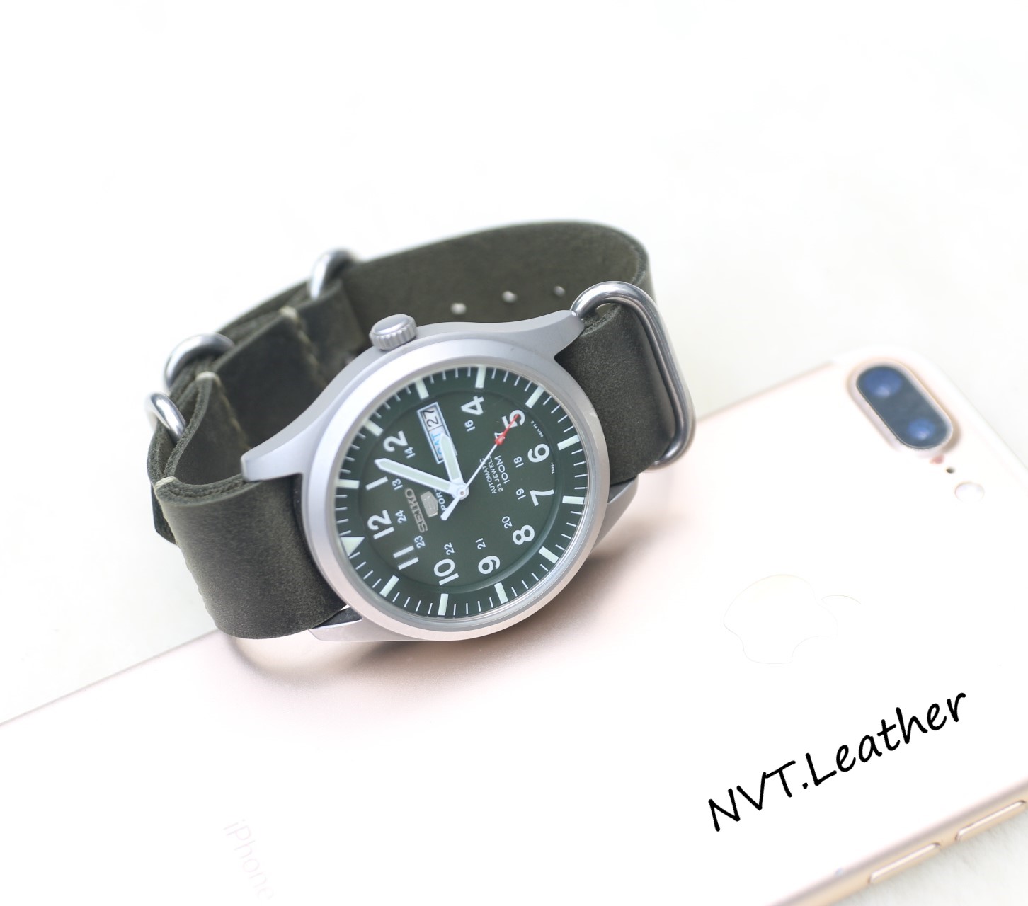 Dây đồng hồ NATO da sáp màu xanh rêu handmade