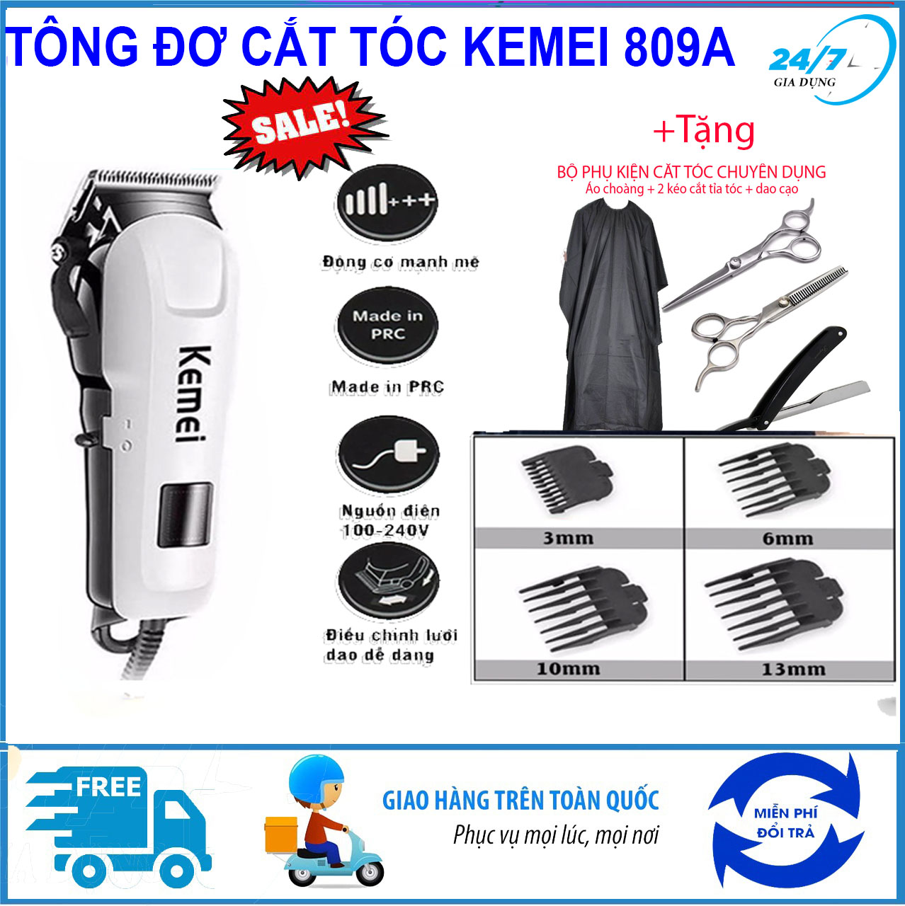 [Tặng phụ kiện 4 món] Tông đơ cắt tóc  không dây Kemei 809A, Tông đơ cắt tóc trẻ em, gia đình động cơ mạnh mẽ, lưỡi dao cắt bằng Titanium không gỉ, màn hình LCD hiển thị dung lượng pin, tăng đơ hớt tóc cho bé - Giadungbv247