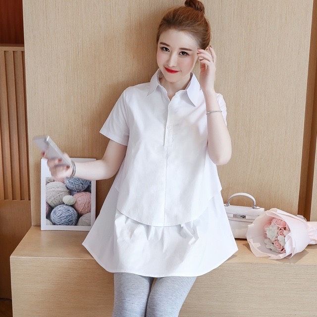 áo bầu công sở-sơ mi xuông mặc bầu và thời trang