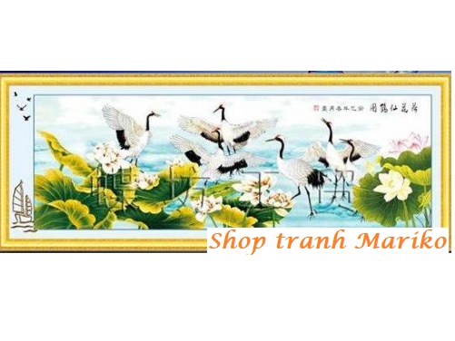 [HCM]Tranh thêu Hoa Sen đàn hạc A794 kích thước 147 x 55 cm