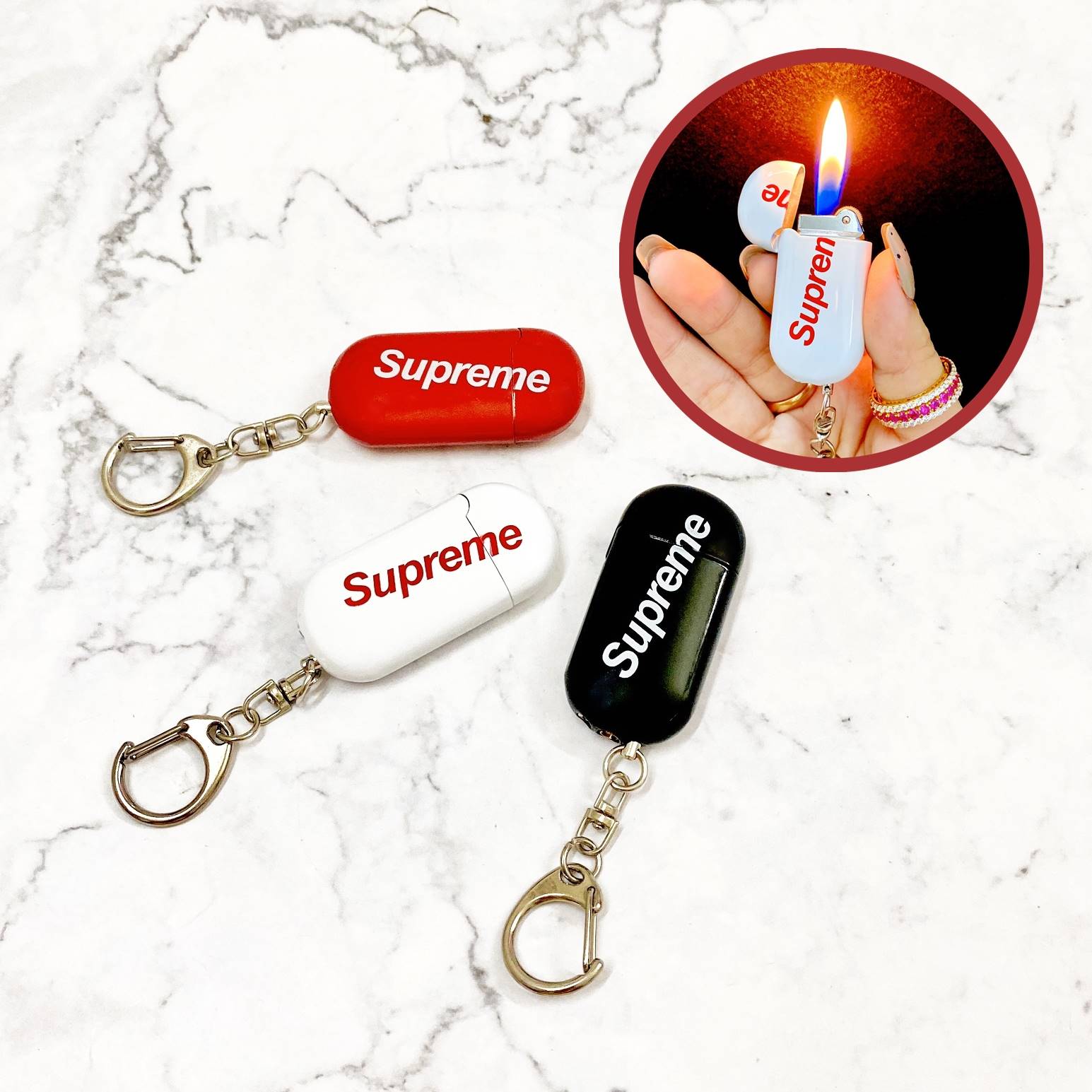 BẬT LỬA - MÓC KHÓA SUPREME MINI - GAS ĐÁ RÃNH TAY - (XÀI GAS)