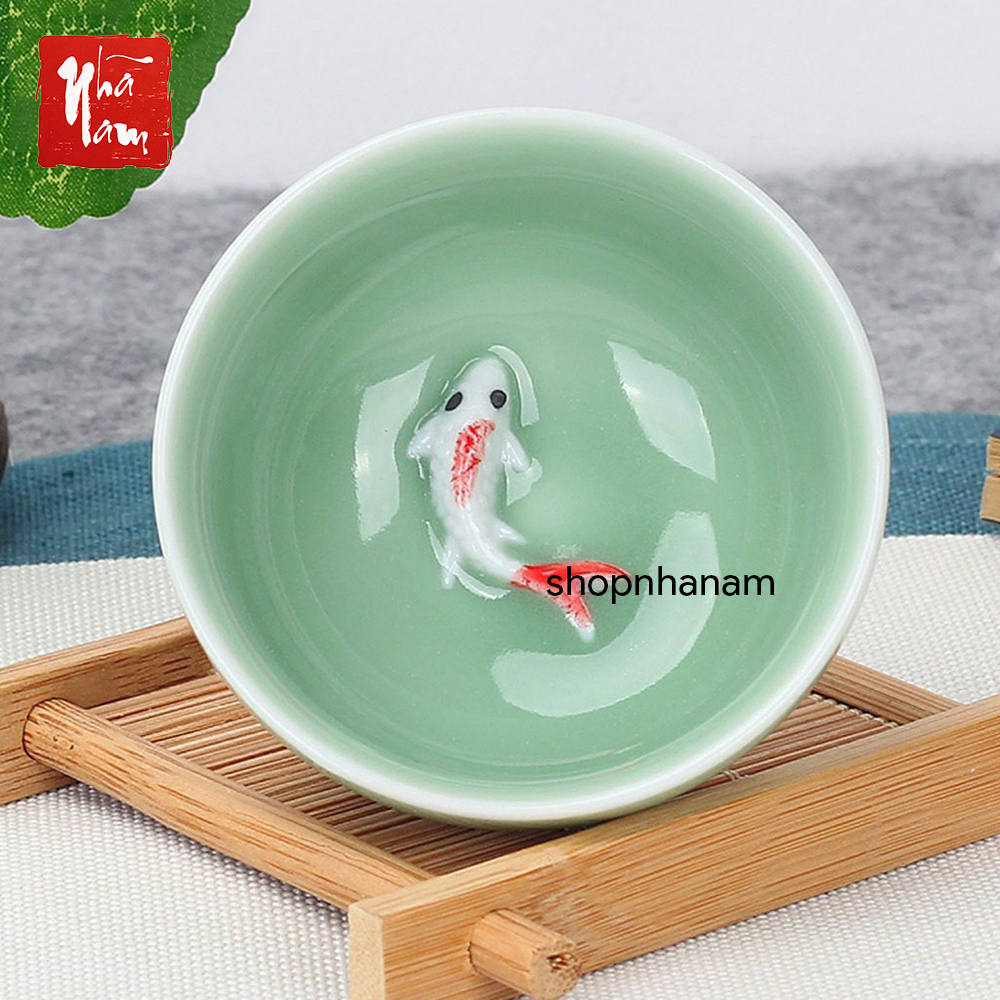Chén gốm sứ cá chép 3d men ngọc