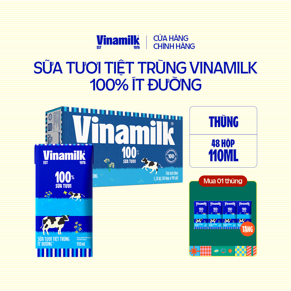 Thùng 48 sữa tươi tiệt trùng Vinamilk 100% ít đường 110ml